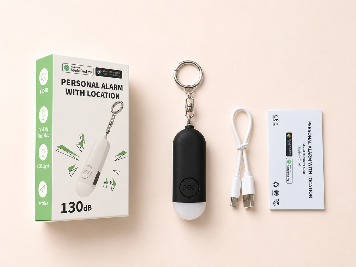 Lumae package contents with retail box, personal safety alarm, charging cable, and user guide