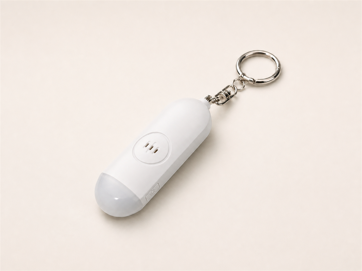 White Lumae personal safety alarm, back view with three-slot speaker and silver keychain